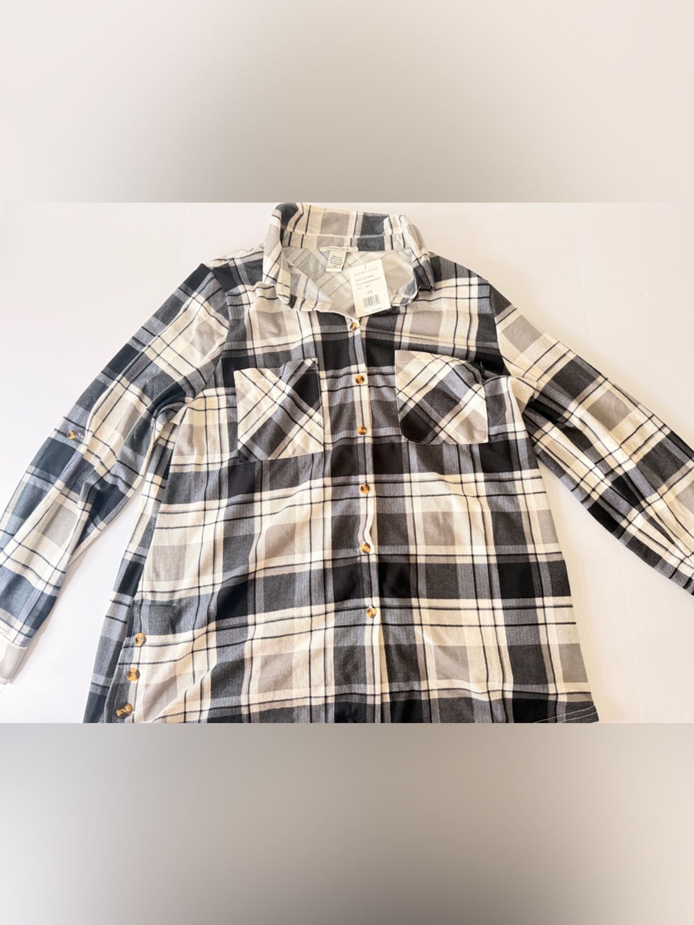 Black & Cream Plaid Button-Down Shirt - Women's